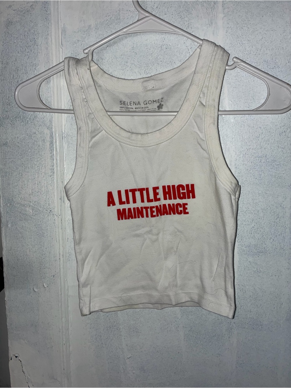 Selena Gomez White Crop Tank with Red Slogan